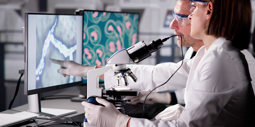 Cytogenetic technologist analyzing lab data on a tablet in the lab.